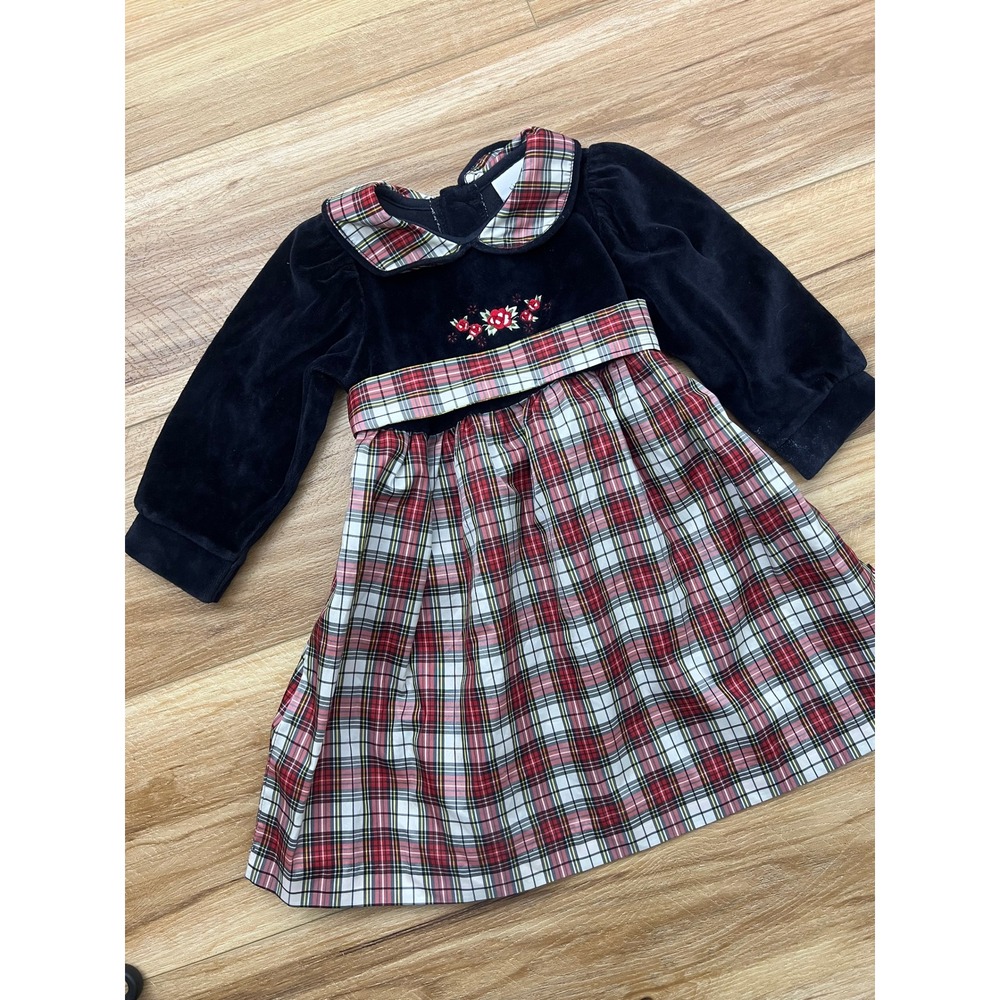 Little Me Signature Plaid Dress Toddler Girl 18M Black Red Velvet Floral Vintage